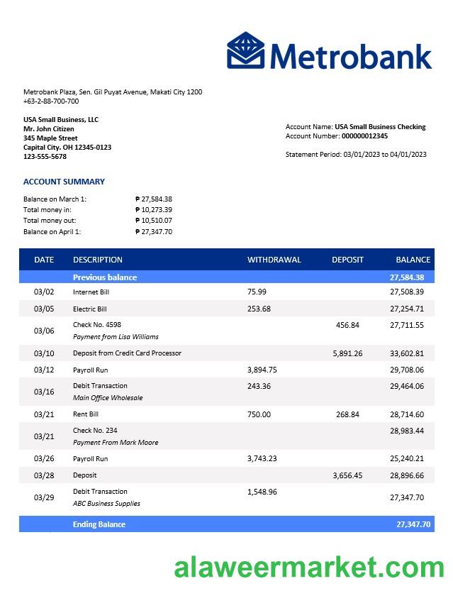 Metrobank enterprise statement Word and PDF template